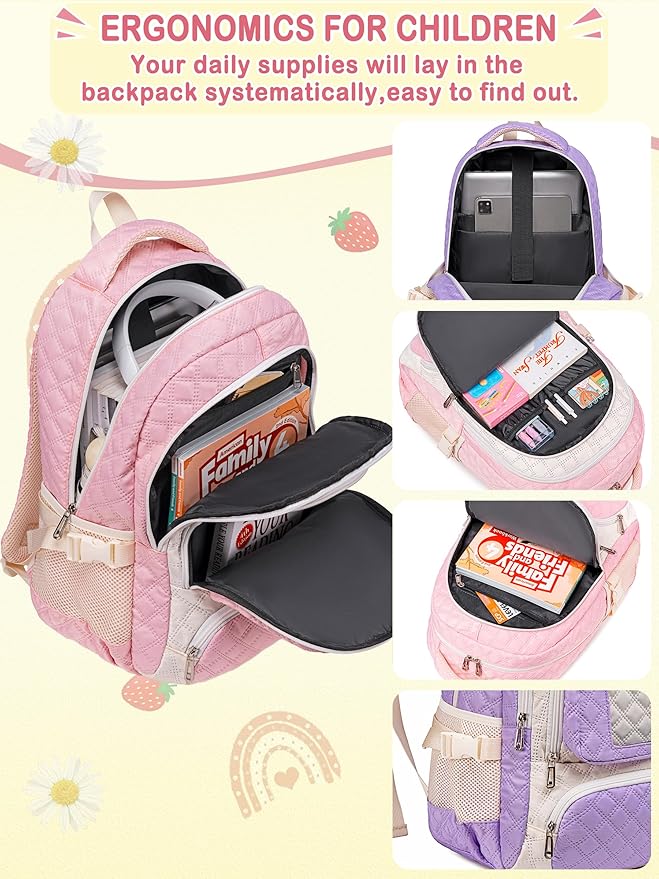 Pink Backpack with Lunch Box for Girls Teenagers Kids for Age 6-8 8-10 10-12 School Bag for Middle High School Primary Aesthetic Bookbag Lightweight Mochila Para Niñas