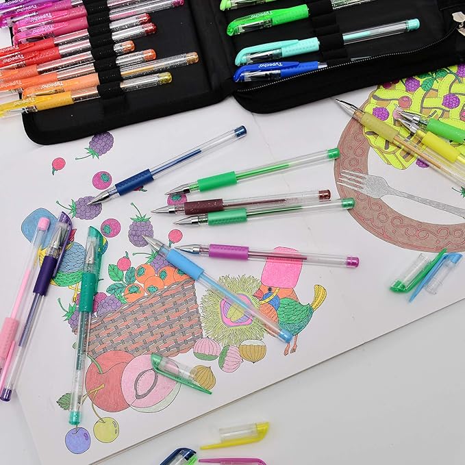 96 Color Artist Gel Pen Set with Portable Travel Case, Includes 24 Glitter, 10 Metallic, 7 Neon, 6 Pastel, 1 Classic Red, plus 48 Matching Color Refills,Back to school supplies