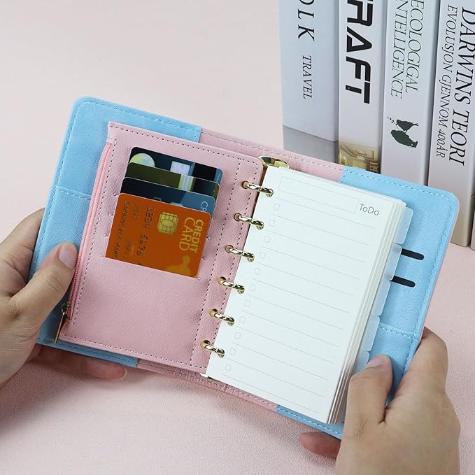 A7 Binder Refillable Planner Notebook 6 Ring, Portable Leather Organizer with Zippered Pocket, To-Do & Blank Refill Papers, Dividers, Monthly Sticker, Pen, for Students, Professionals, Travel (Sky Blue & Pink)