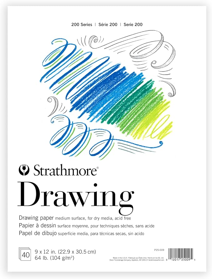 Strathmore 200 Series Drawing Paper, Tape Bound Pad, 9x12 inches, 40 Sheets (64lb/104g) - Artist Paper for Adults and Students - Charcoal, Colored Pencil, Ink, Pastel, Marker