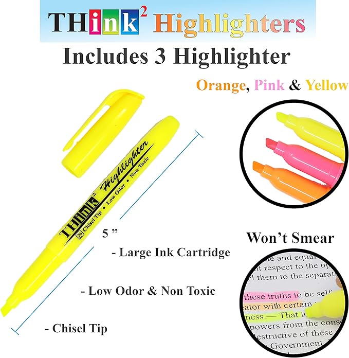 [24 Pack] Think2 Pens & Markers Supply Kit. Includes 3 Highlighter, 4 Permanent Markers, 2 Dry Erase Markers, 12 Color Gel Pens and 3 Retractable gel pens Supplies