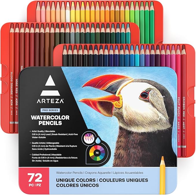 ARTEZA Watercolor Pencils Set of 72 Water-Soluble Colored Pencils for Blending, Layering, Painting, Lightfast Pigments with Soft Cores in Tin Case, Art Supplies for Adults, Artists, Holiday Gift Set