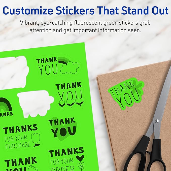 Avery Printable Sticker Paper, 8-1/2" x 11", Full-Sheet Labels, Neon Green Labels, Laser/Inkjet Printable, 10 Total, Great for Packaging and Stickers