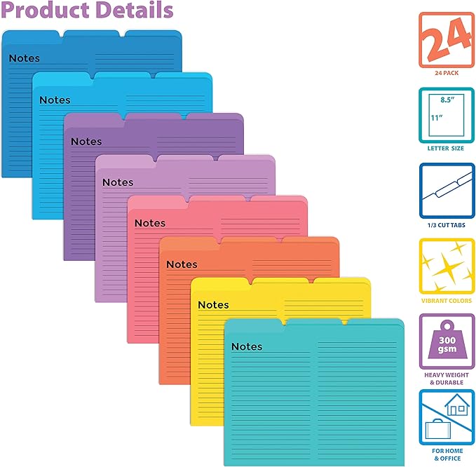 Better Office Products Lined File Folders, 24 Pack, Notes Tabbed File Folders, 1/3 Cut Tabs, 8 Vibrant Colors, Heavyweight, Letter Size Folders, 9.5" x 11.5", Left/Center/Right Set Per Color,