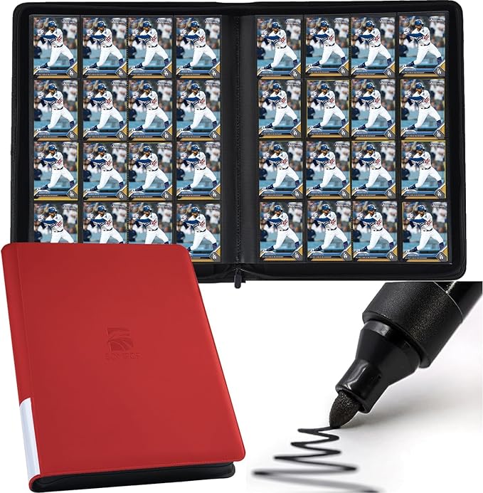 16 Pocket Trading Card Binder,Zipper Card Holder Album Holds up to 1408 Cards with 44 Sleeves, Label Design，Card Collection Binder for TCG Card/Game Cards/Sports Card -Red