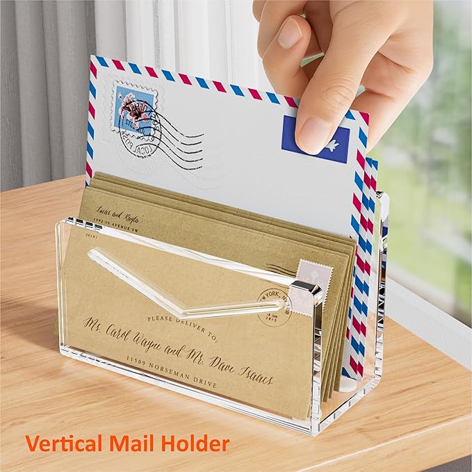 Acrylic Mail Holder, Clear Acrylic File Letter Organizer, Vertical Envelope Mail Holder for Desk, Lightweight Countertop Bill Holding Sorter Letter Invoice Stand for Home Office School