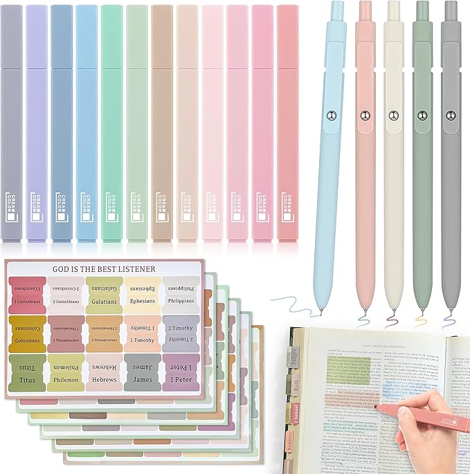 Bible Journaling Kit, 12 Pastel No Bleed Highlighters and 5 Black Pens & Laminated Tabs, Bible Study Supplies essentials, Christian Gifts for Women