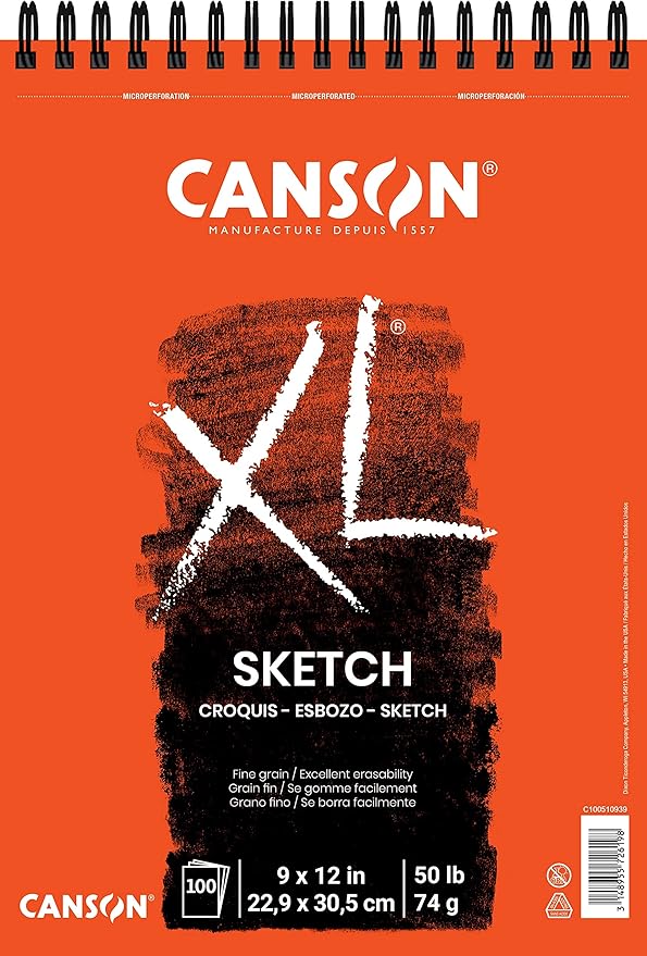 Canson XL Series Paper Sketch Pad for Charcoal, Pencil and Pastel, Top Wire Bound, 50 Pound, 9 x 12 Inch, 100 Sheets