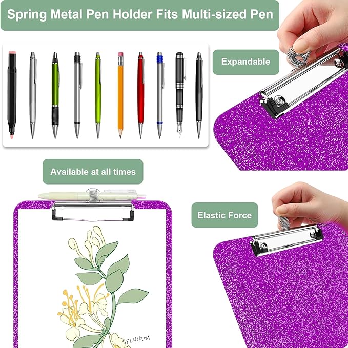 1 Pcs Clear Glitter Clipboards, Plastic Clipboard with Pen Holder,Size 8.85 x 12.4 in Shiny Clipboards with Low Profile Clip,Cute Hanging Clipboard for Office School Supplies Sparkly Clip board-Violet