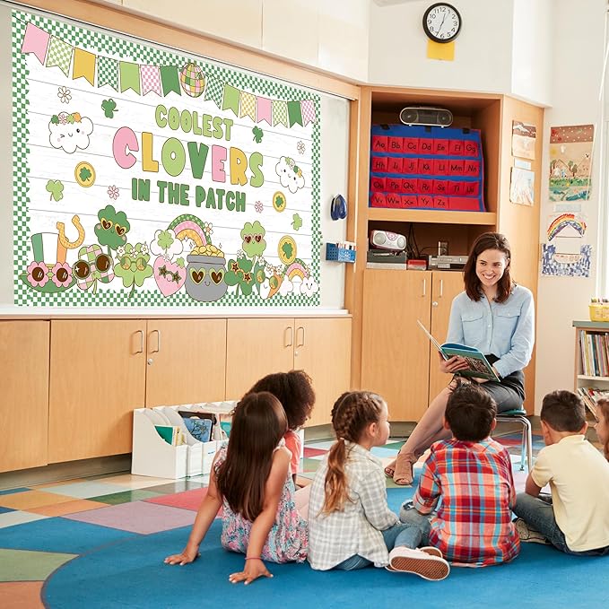 St. Patrick's Day Bulletin Board Set Classroom Decorations Irish Clover Bulletin Board Decorations Lucky Shamrock Cutouts for Bulletin Board St.Patrick’s Party Supply Classroom Chalkboard Wall Decor