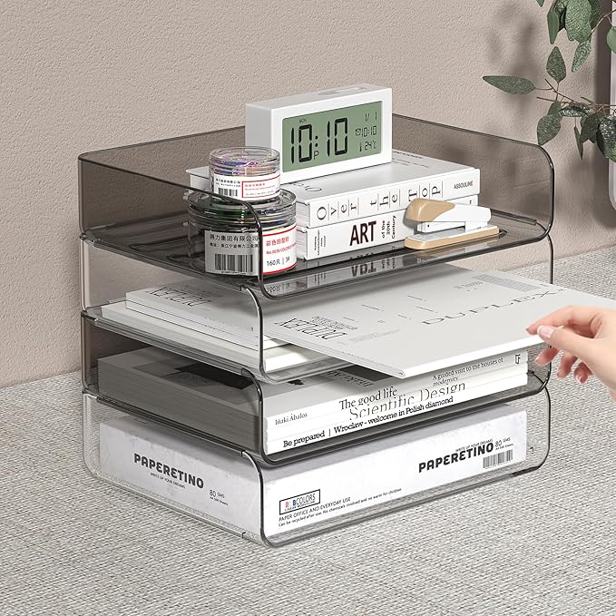 4-Tier Acrylic Paper Tray Organizer for Desk, Clear & Brown Stackable Letter Trays, Modern Desktop File Organizer with Snap-Fit Design, Office Desk Accessories