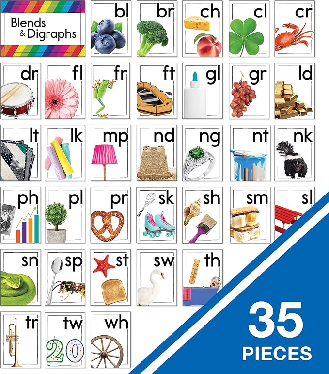Carson Dellosa Blends and Digraphs Bulletin Board Set—Blend Cards, Digraph Cards, and Header for Bulletin Boards and Grammar Learning, Homeschool or Classroom Décor (35 pc)