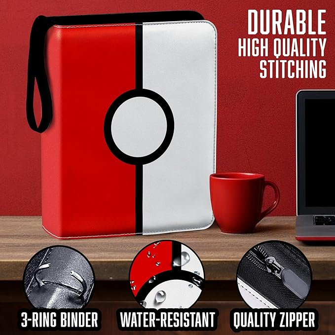 Card Binder 13"x10.5"x1.8", PU Leather Zipper Case with Handle, 9 Pocket Double Sided Pages, Holds 900 Cards, Red White Design, 3 Ring Binder with Velvet Liner for Collectible Cards