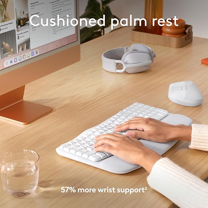 Logitech Wave Keys for Mac, Wireless Ergonomic Keyboard with Cushioned Palm Rest, Comfortable Natural Typing, Bluetooth Keyboard, Easy-Switch, Optimized for Mac, Apple, iPad - Off White