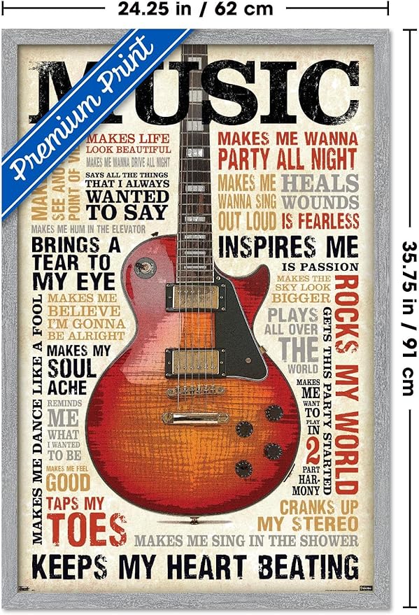 Music Inspires Me Wall Poster, 34L" x 22.4W", Gray Framed Version
