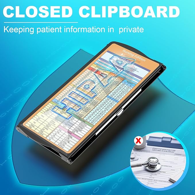Clipboards Nursing Clipboard Trifold Foldable, 3 Layers Aluminum Nurse Clipboards with Nursing Edition Cheat Sheets Folding Pocket Size for Students, Nurses and Doctors (Black)