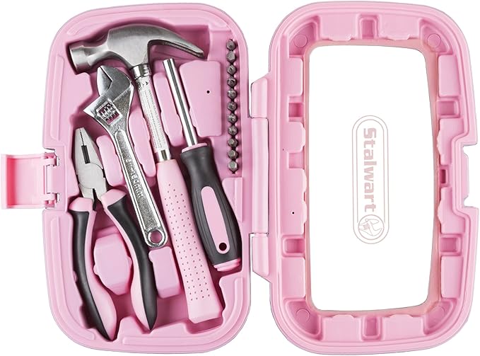 15-Piece Household Hand Tool Set with Carry Case – Tool Kit with Screwdrivers, Pliers, and Wrenches – Great for Home or Car by Stalwart (Pink)