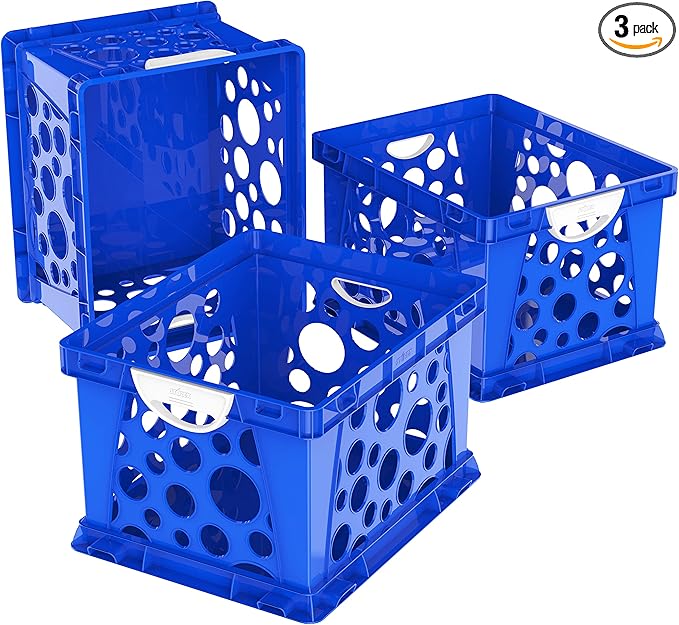 Storex Premium File Crate with Molded Handles – Letter and Legal Document and Folder Storage, Classroom Blue 3-Pack (61455U03C)