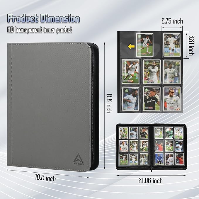 9 Pocket Card Binder - 540 Capacity with Zip Closure Premium, Double-Sided,Sturdy & Sleek PU Leather Protector for MTG, TCG, Sport & Collectible Cards (Grey)