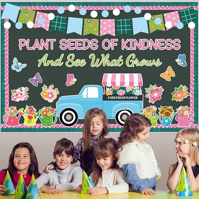 Spring Bulletin Board for Classroom Decoration Plant Kindness Spring Truck Flower Bulletin Board Set Floral Butterfly Cutouts for Back to School Office Chalkboard Wall Teacher Decor