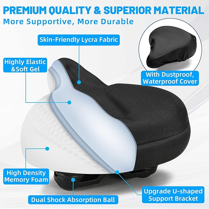 Oversized Bike Seat for Men & Women, Comfortable Gel Padded, Extra Wide Bicycle Seat Cushion Comfort, Replacement Saddle for Peloton, Stationary Exercise Bike, Mountain Bike, Cruiser, City Bike