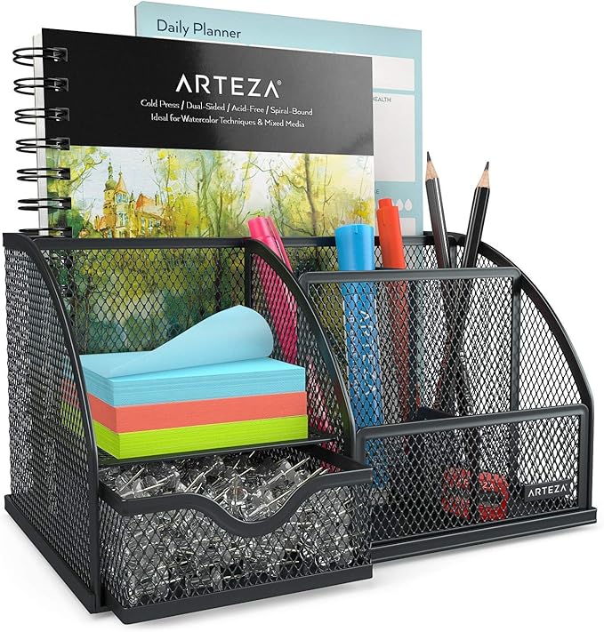 Arteza Mesh Metal Office Desk Organizer with Drawer, 6-Compartment Multi-Functional Design Holds Office Supplies & Accessories Like Pens, Pencils, Notes, Staplers & Scissors (Black)
