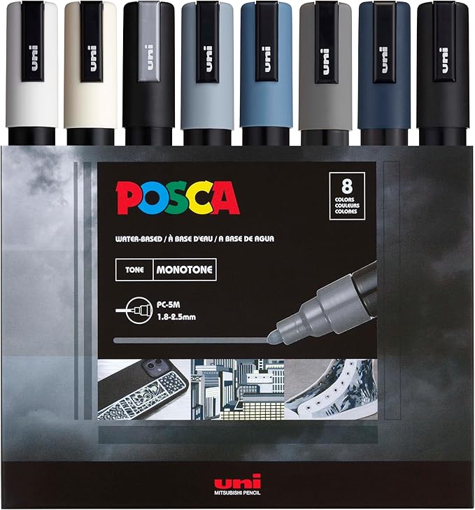 posca Markers Set, 8 Medium Paint Markers 5M – Mono Tone – White, Ivory, Silver, Grey, Navy Blue, Black