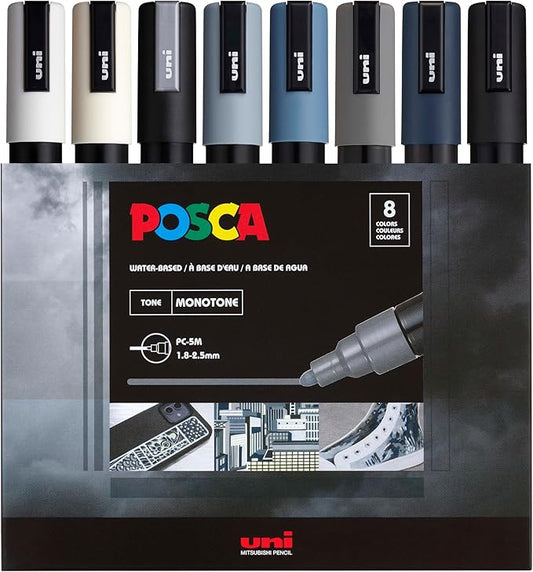 posca Markers Set, 8 Medium Paint Markers 5M – Mono Tone – White, Ivory, Silver, Grey, Navy Blue, Black