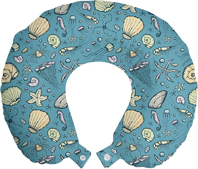 Ambesonne Under The Sea Travel Pillow Neck Rest, Summer Beach Theme with Hand-Drawn Clams Nautilus Jellyfish Shrimp Shapes, Memory Foam Traveling Accessory for Airplane and Car, 12", Cadet Blue