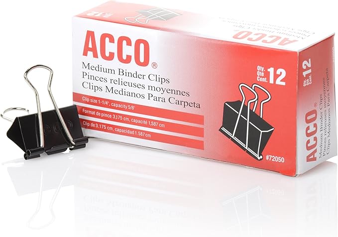 ACCO Binder Clips, Medium, Black, 12 per Box, 2 Boxes (72062)