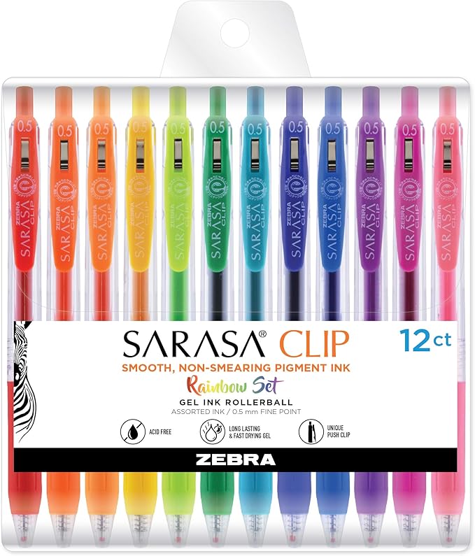 Zebra Pen Sarasa Clip Retractable Gel Pen, 0.5mm Fine Point, Rainbow Assorted Vibrant Ink Colors, Water Based, Ideal for Office and School, Journal, Note Taking and Planner Use, 12-Pack (44100)