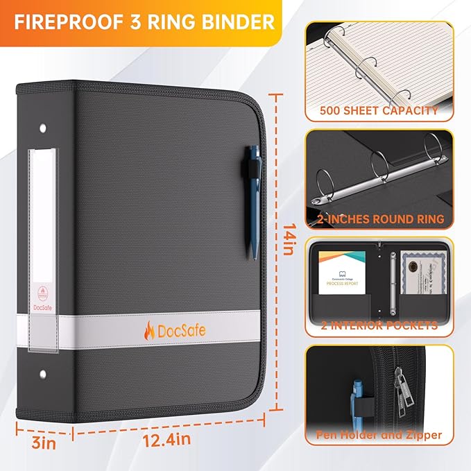 DocSafe 3 Ring Binder with Zipper,Fireproof 2 Inch Round Ring Binder with 2 Interior Pockets,PVC-Free,Portable School Office Home Safe Storage for Letter Size 8.5'' x 11'' Paper Photos Cards Black
