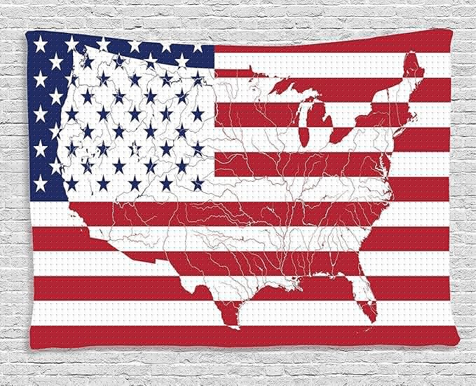 Ambesonne American Flag Tapestry, America Continent Shaped Flag Martial Design International World Glory Print, Wide Wall Hanging for Bedroom Living Room Dorm, 60" X 40", Indigo Red