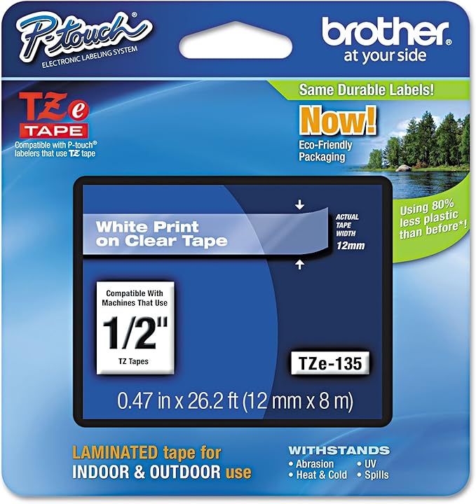 Brother TZE135 TZe Standard Adhesive Laminated Labeling Tape, 1/2-Inch w, White on Clear