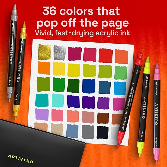 ARTISTRO 36 Acrylic Paint Markers - Paint Pens for Calligraphy, Brush + Fine Tips - For Fabric, Rock, Glass, Wood, DIY, Craft, Canvas - Art and Craft Supplies for Adults, Teens, Kids
