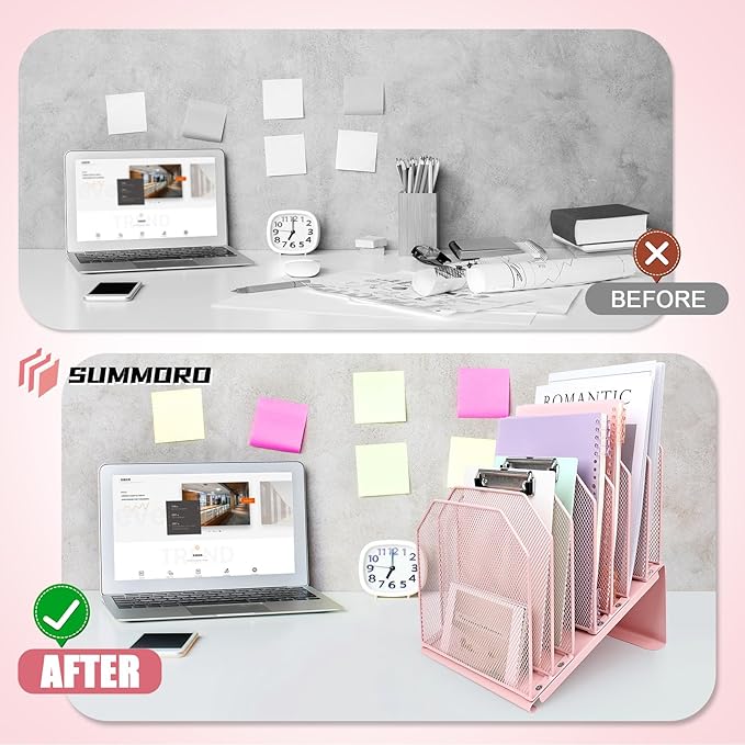 Inclined File Organizer for Desk, 7-Tier Vertical File Folder Holder Office Desk Organizer Metal Rack File Wire Mesh Desktop Document Sorter for Office School Classroom Home (Pink)