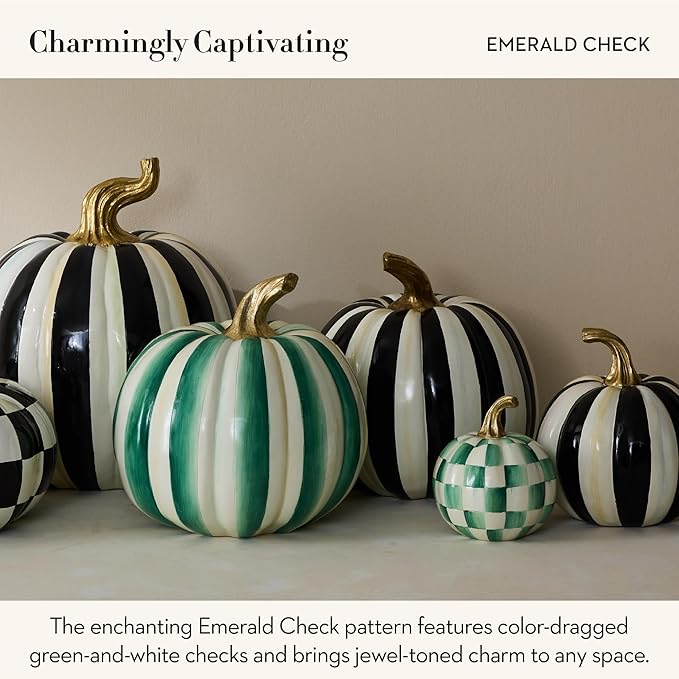 MACKENZIE-CHILDS Pumpkin, Resin Halloween and Fall Decor, Mini, Green-and-White Emerald Check
