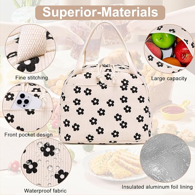 LEDAOU Lunch Box for Women Insulated Lunch Bag Corduroy Lunch Tote Bags Leakproof Cooler Lunch Case for Travel Work Picnic (Black Floral)