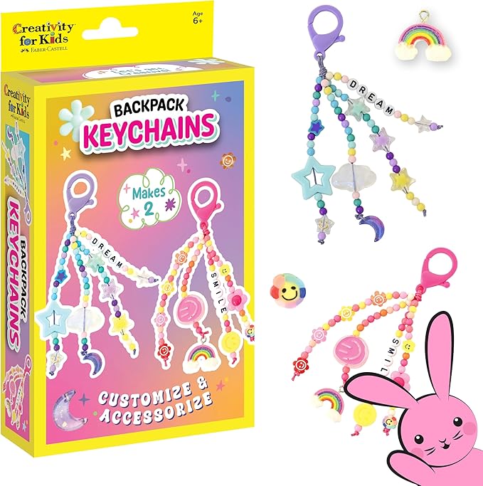 Creativity for Kids Backpack Keychains Mini Kit | Make 2 Trendy Keychains with Beads & Charms | DIY Craft Kit for Kids | Great for Travel, Parties & Gifts | Easter Basket Stuffers (Ages 6+)