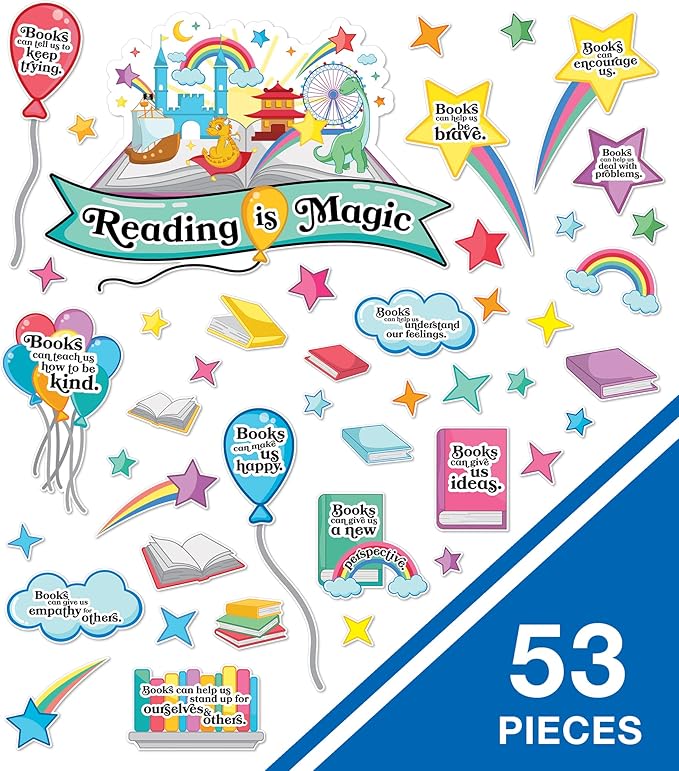 Carson Dellosa 53 pc Bundle Reading is Magic Set, Retro Rainbow, Balloons, Books, and Star Cutouts with Inspirational Quotes for Bulletin Board Classroom Decor
