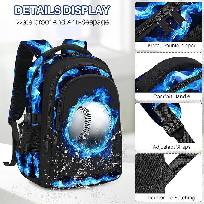 Kids Backpack for Boys - Baseball Boys Backpacks for Kids Teens Elementary Middle School, 17″ Large Capacity Students Bookbag, Perfect for Travel and School