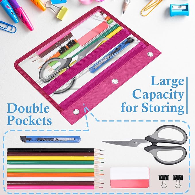 YoeeJob 6 Pack Zipper Pencil Pouches for 3 Ring Binder, 1.5 Inch Expandable with 2 Pockets and Clear Window for School and Office（Colorful）