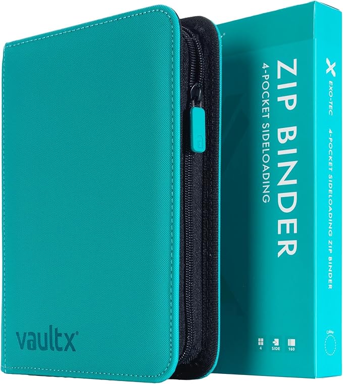 Vault X 4 Pocket Trading Card Zip Binder, 160 cards, Premium Exo-Tec Album Material, 20 Side-Loading Pages, Folder for Collectible Card Games, Sports, TCG (Teal)