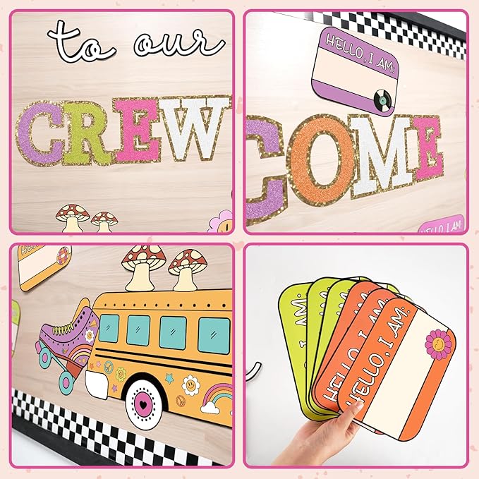 Welcome Back to School Bulletin Board Decorations Set, Groovy Classroom Decor Retro Welcome to Our Crew Classroom Decor Colorful Cutouts for Back to School Teachers Supplies Classroom Wall Door Decor