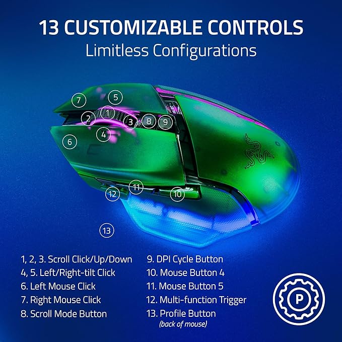 Razer Basilisk V3 Pro 35K Wireless Gaming Mouse: HyperScroll Tilt Wheel - 35K DPI Optical Sensor Gen 2-13 Customizable Controls - RGB - Optical Switches Gen 3 - Up to 140 Hr Battery - Phantom Green