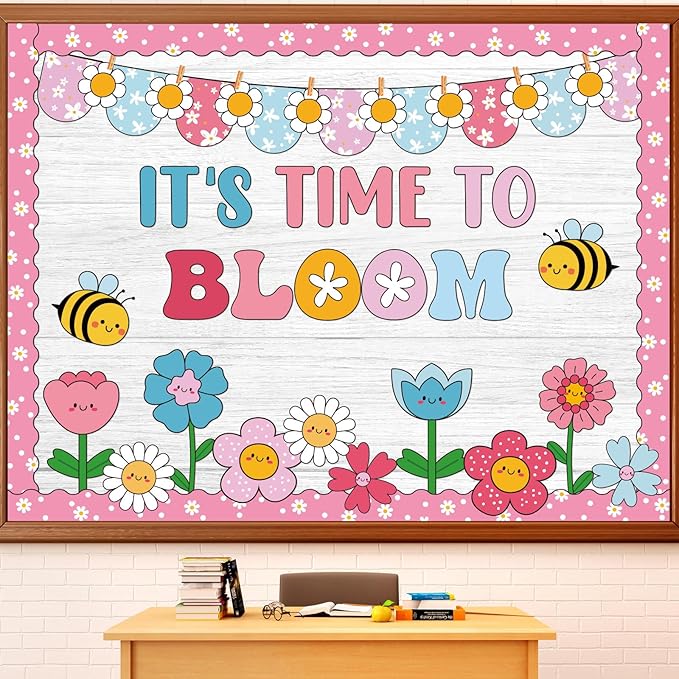 81 Pcs Spring Classroom Bulletin Board Decorations It's Time to Bloom Bulletin Board Colorful Flower Cutouts Classroom Wall Decor for Spring Elementary School Teacher Chalkboard Supplies