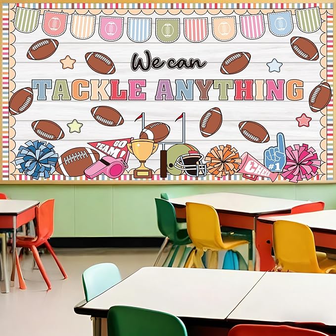 Spring Sports Football Bulletin Board Set Classroom Decorations We Can Tackle Anything Inspirational Bulletin Board Football Theme Cutouts for School Office Chalkboard Whiteboard Wall Window Decor