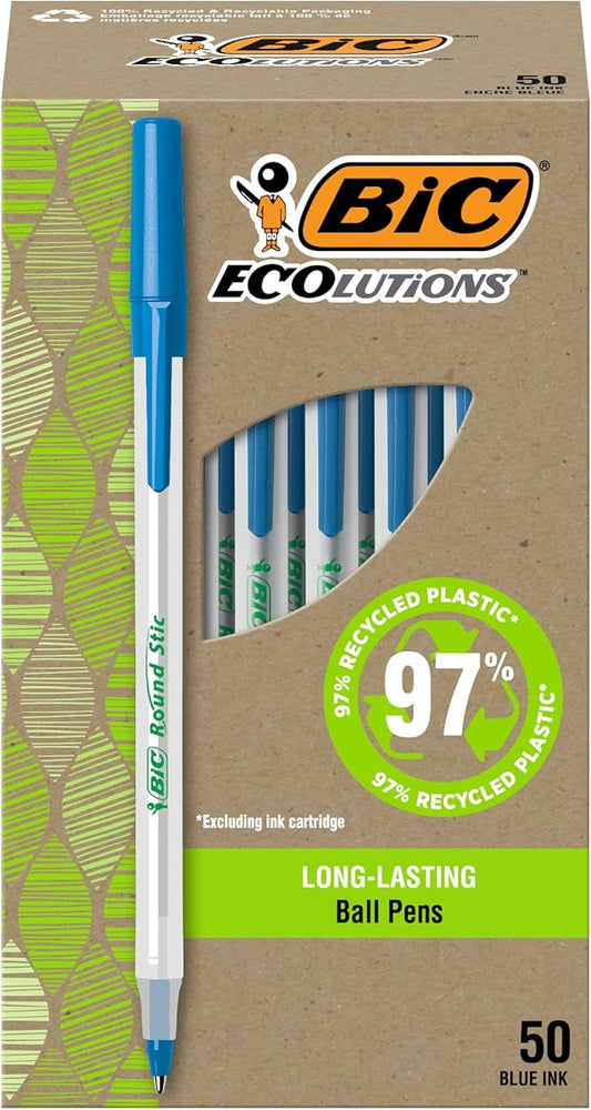 BIC Ecolutions Round Stic Ballpoint Pens, Medium Point (1.0mm), 50-Count Pack, Blue Ink Pens Made from 97% Recycled Plastic