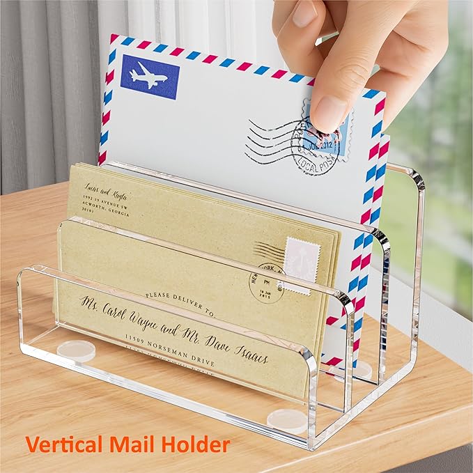 Desk Mail Organizer, 3 Section Clear Acrylic File Holder Letter Organizer, Vertical Lightweight Modern Envelope Holder Desk Accessories & Workspace Organizers for Office, Home, School