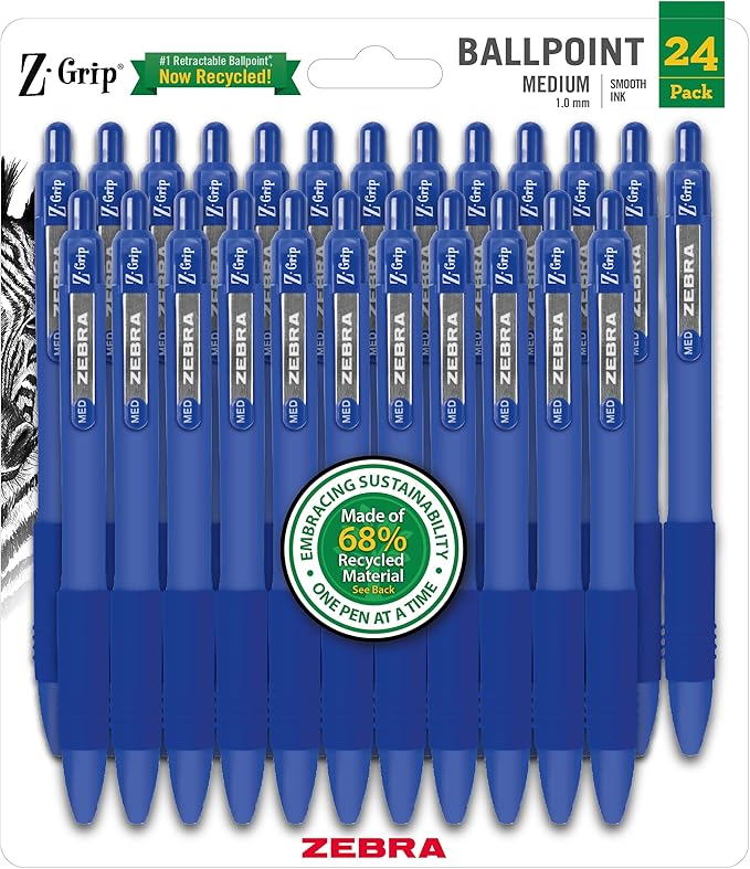 Zebra Pen Z-Grip Recycled Retractable Ballpoint Pens, 1.0mm, Blue Ink, Durable Metal Clip, 68% Recycled (GRS Certified; Global Recycled Standards), School & Office Supplies, 24-Pack (20324)
